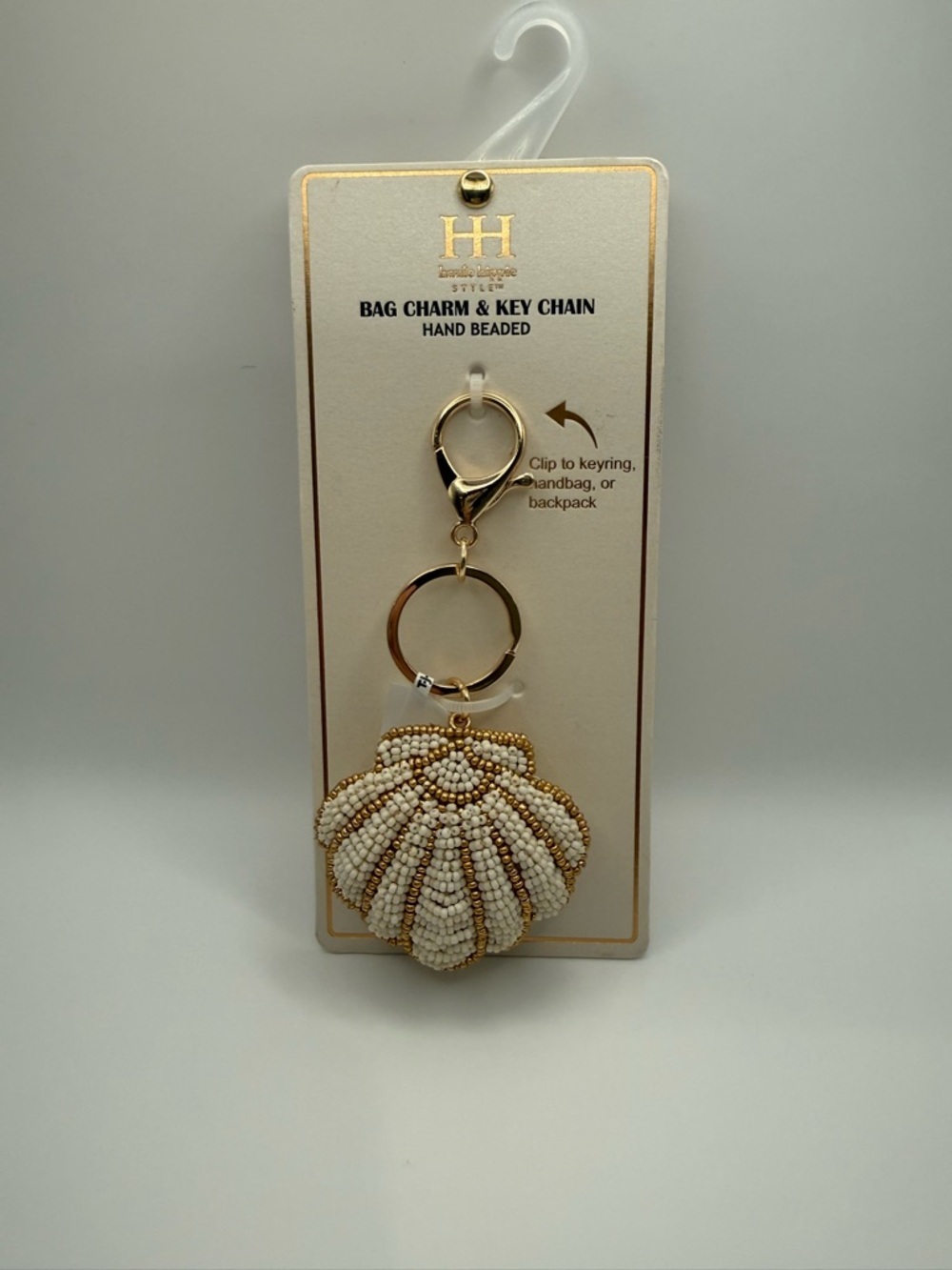 Haute Hippie White & Gold Beaded Shell Bag Charm Key Chain